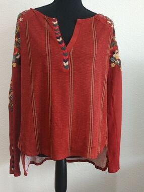 Embroidered Red Women's Tunic Top with Braided V-Neck